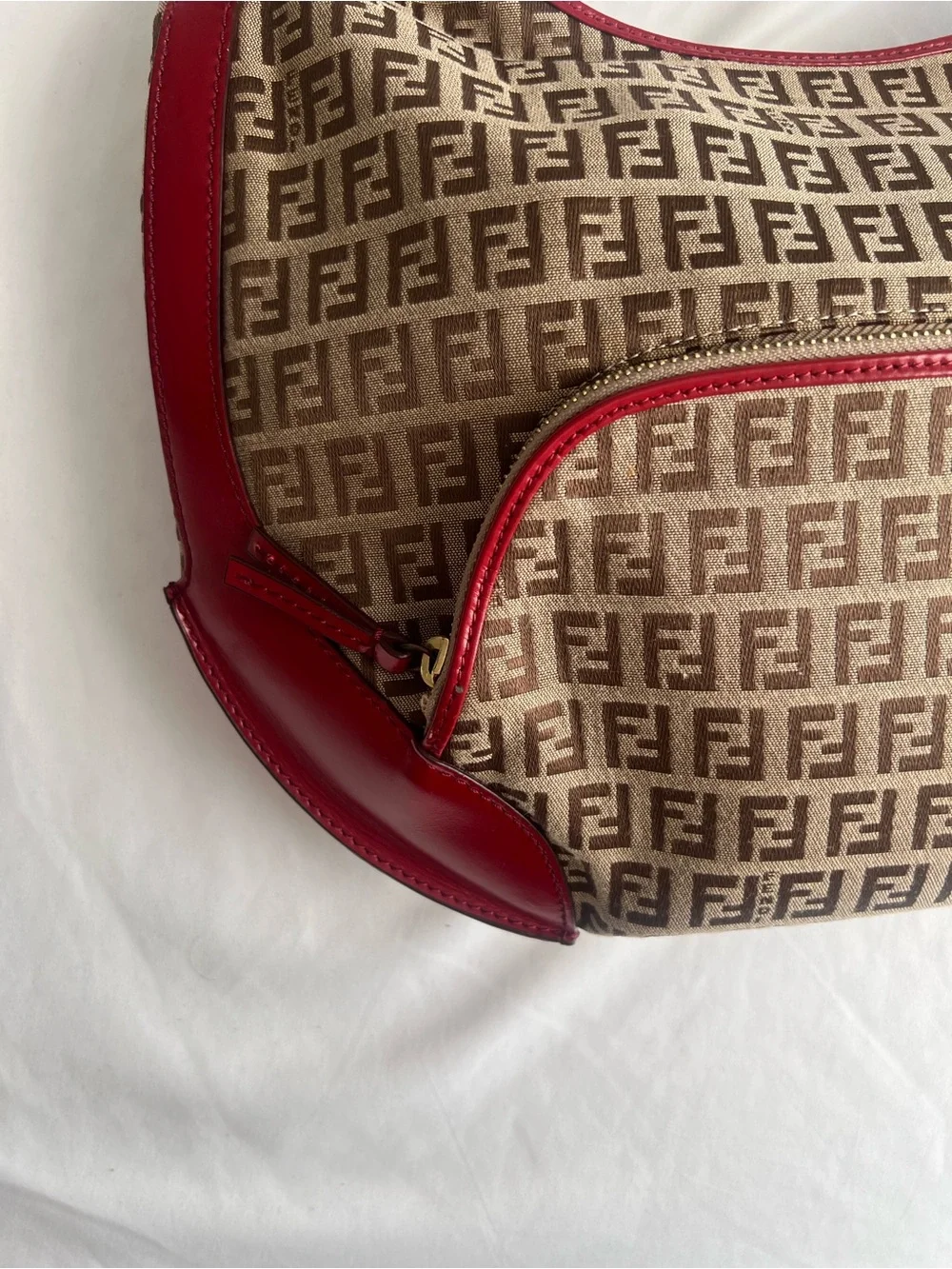 BNWOT vintage Fendi Zucchino FF Brown Monogram canvas Chef hobo bag Red Dust bag
